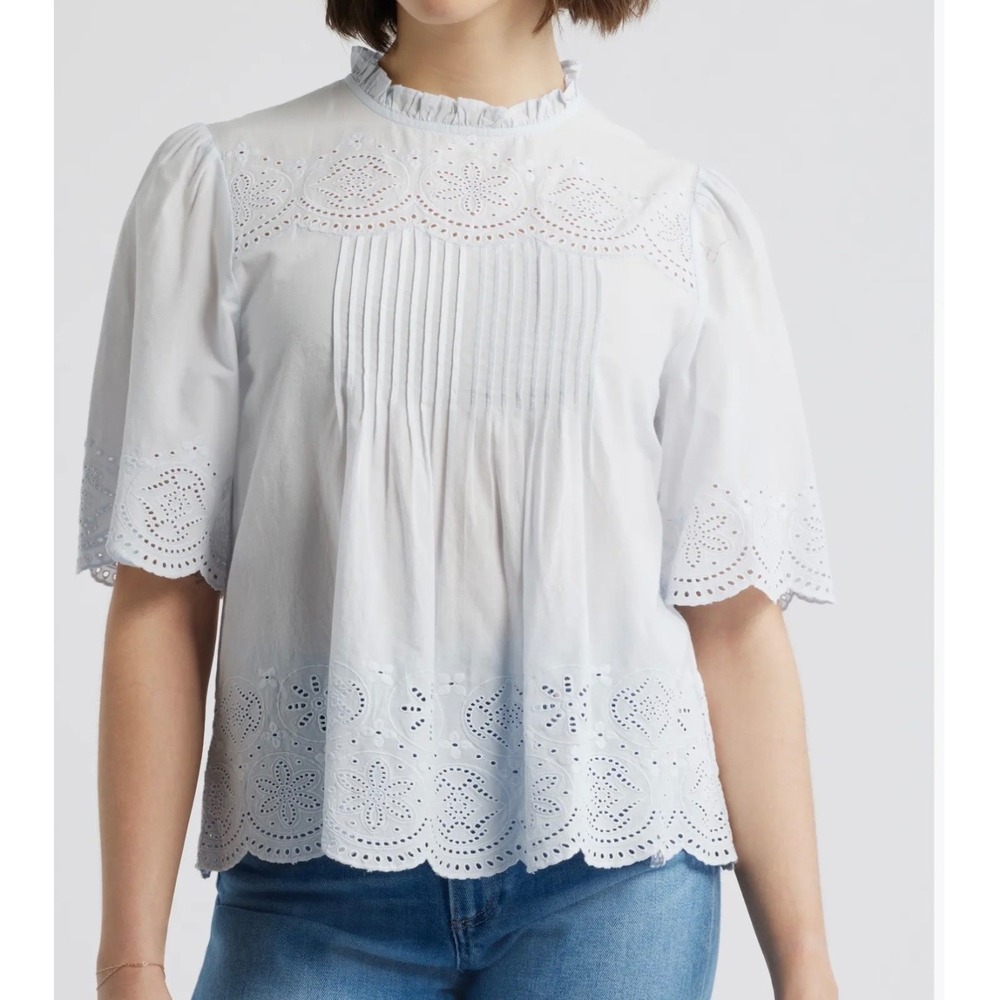 NWT Madewell Embroidered Pintuck High Neck Top Large Eyelet Cottagecore Soft Ble